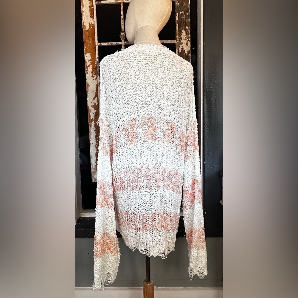 POL Oversized Distressed Open Knit Sweater Cream Peach Stripe Boho Pullover M - Picture 6 of 8